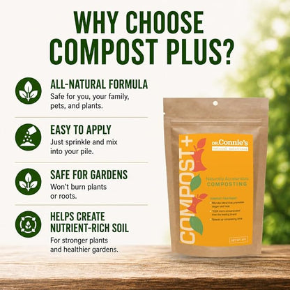 Dr. Connie’s Compost Plus – 100X Concentrated Starter & Accelerator | Natural Microbe Activator for Bins, Tumblers & Piles | Odor Control Garden Waste Additive (Indoor & Outdoor)