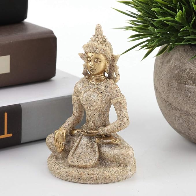 Small Buddha Statue - Figurines Decor Sandstone Sitting Meditation | Outdoor Statues for Garden Buddhist Decoration Ornament Sculpture Handmade Figurine Miniatures Home Seated Zen(Gold)