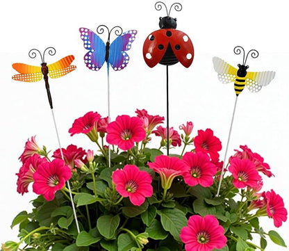 16" H Metal Insects Garden Stake Spring Decor, Butterfly Ladybug Bee Dragonfly Yard Art Ornaments Decorative Plant Stakes for Outdoor Lawn Pathway Patio Plant Pot Flower Bed