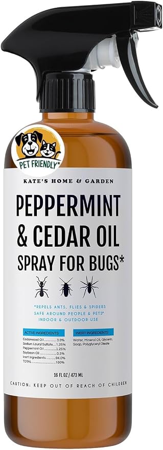 Kate's Home & Garden Peppermint Oil Spray for Bugs, Ants, Insects, Spiders, Roaches, Stink Bug. Pesticide and Insecticide Indoor Repellent Pest Control with Cedar Oil (16oz, Natural, Non Toxic)