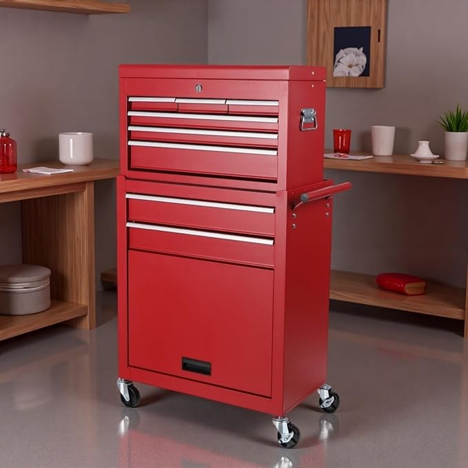 Tool Chest, 8-Drawers Rolling Tool Storage Cabinet with 2-in-1 Detachable Tool Box, Liner, Lockable Wheels, Side Hooks, Multifunctional Metal Tool Cart for Garage Warehouse, Red