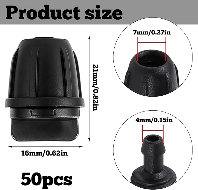 50 Pcs 1/4 Inch Irrigation Tubing End Plugs Fittings,(0.17" ID x 0.25" OD) Lock Barbed End Plugs for 1/4" Tubing Drip Line Plugs End Cap for Drip Irrigation System Connection Parts (Black-End Cap)