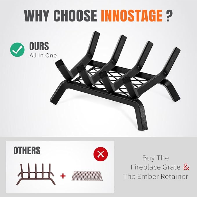 INNO STAGE Fireplace Grates with Ember Retainer - 14 Inch Fireplace Log Grate, Firewood Wood Log Holder Rack,Inside Wrought Cast Iron Fire Grate for Hearth Indoor Outdoor Camping