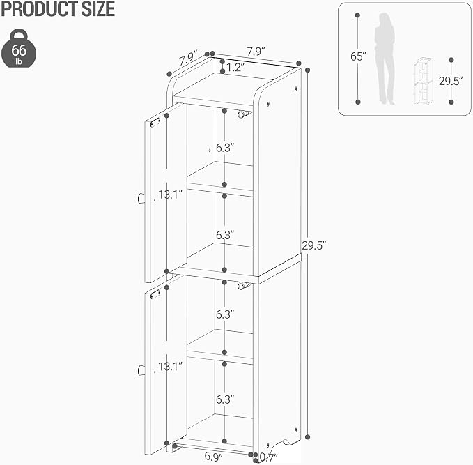 Hzuaneri Bathroom Storage Cabinet, Small Corner Floor Cabinet with 2 Doors and Adjustable Shelf, Narrow Toilet Paper Cabinets, Bathroom Organizer for Small Spaces, 7.9" D x 7.9" W x 29.5" H Greige