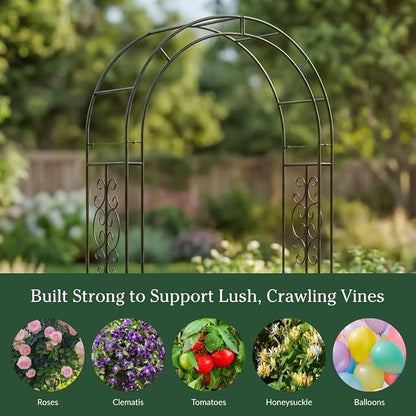 Plow & Hearth Arch Metal Outdoor Garden Arbor 7 Feet Tall Black Iron Trellis for Climbing Plants Outdoor, Wedding Party Arch, Outdoor Patio Decor