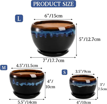 AVLA 3 Pack Ceramic Flower Pots, Gardening Drip Glazed Planter, Plant Pot with Drainage Hole and Saucer, 7/5/4 Inch Rustic Houseplant Container for Succulent Herbs Cactus Orchid, Home Indoor Outdoor