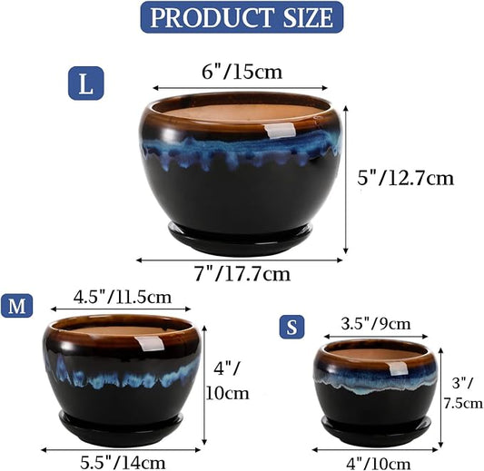 AVLA 3 Pack Ceramic Flower Pots, Gardening Drip Glazed Planter, Plant Pot with Drainage Hole and Saucer, 7/5/4 Inch Rustic Houseplant Container for Succulent Herbs Cactus Orchid, Home Indoor Outdoor