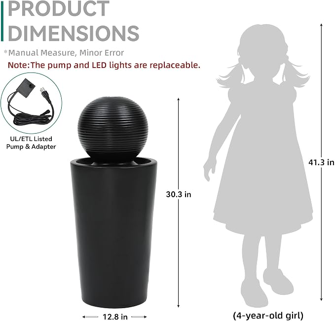 Autodaya 30"H Ceramic Sphere Water Fountain with LED Light for Garden Patio | Modern Minimalist Design, Black Glaze with White Pebbles, Soothing Trickling Water Feature, Artistic Charm, Tranquil Ambiance