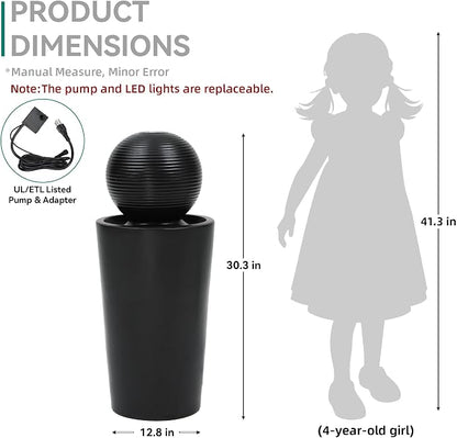 Autodaya 30"H Ceramic Sphere Water Fountain with LED Light for Garden Patio | Modern Minimalist Design, Black Glaze with White Pebbles, Soothing Trickling Water Feature, Artistic Charm, Tranquil Ambiance