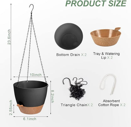 Vanslogreen Hanging Planters for Indoor Outdoor Plants, 2 Pack Self Watering Hanging Pot with Drainage Holes & Removable Tray (Black, 10'')
