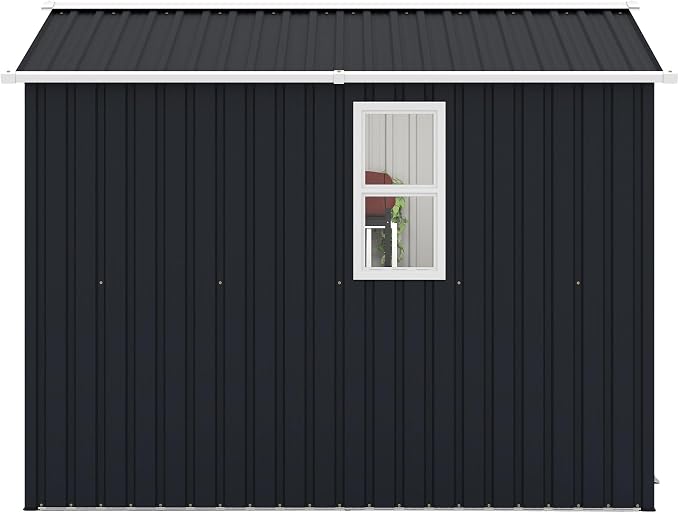 PVWIIK 8x6 ft Metal Outdoor Storage Shed with Windows & Air Vents, Lockable Waterproof All-Weather Utility Shed for Garden Tools & Trash Bins, Dark Gray