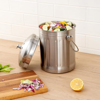 Restaurantware RW Clean 1.3 Gallon Countertop Food Waste Bin 1 Compact Food Waste Container - Avoids Rusting Airtight Lid Stainless Steel 201 Countertop Compost Bin Charcoal Filter