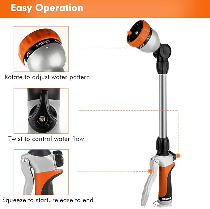 RESTMO Heavy Duty Metal Hose Wand, Watering Wand for Garden Hose | 180° Swivel Ratcheting Head, 16'' Hose Sprayer, 7 Spray Patterns, Flow Control, Ideal for Hanging Baskets & Shrubs, Orange