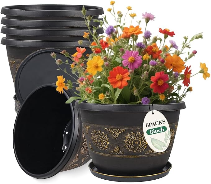 Usocik 8 Inch Retro Plant Pots 6 Pack with Drainage and Saucers Gold | Gold retro PP pots with drainage holes and saucers for herbs succulents starter plants shelves and windowsills