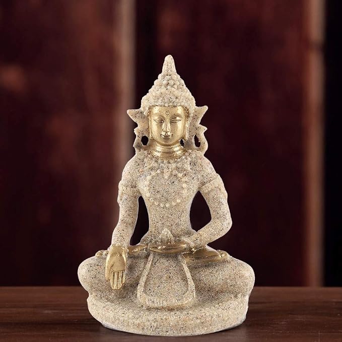 Small Buddha Statue - Figurines Decor Sandstone Sitting Meditation | Outdoor Statues for Garden Buddhist Decoration Ornament Sculpture Handmade Figurine Miniatures Home Seated Zen(Gold)