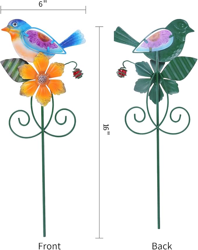 Topadorn Set of 2 Metal Bird & Flower Garden Stakes, Hand-Painted Decorative Yard Art for Planters, Flower Beds & Patio, 16 Inch