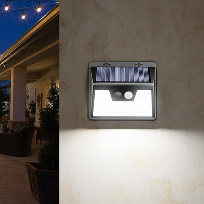 Peasur Solar Lights Outdoor Waterproof, 4 Pack 140LED Motion Sensor Light, 3 Modes Solar Powered Fence Security Lights for Patio Step Deck House Outside(Cool White)