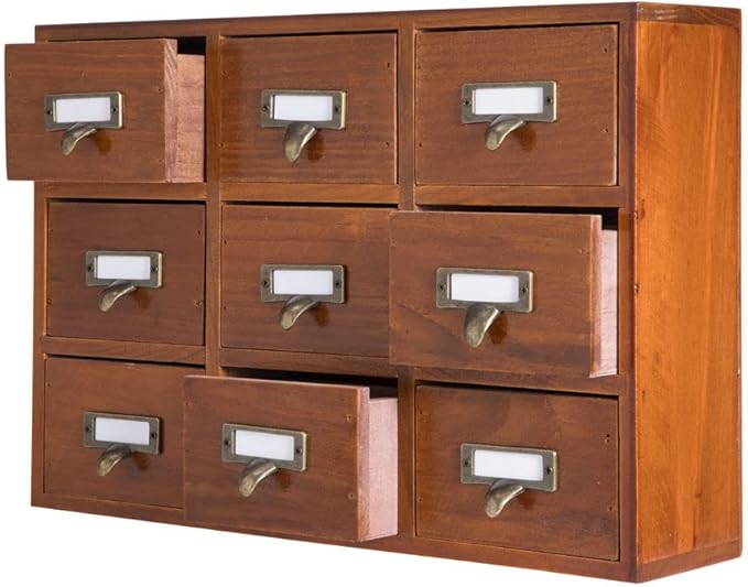 Apothecary Drawers Apothecary Cabinet with Drawers, Brown | 9 Drawer Library Card Catalog, Wooden Storage Box, Wooden Desktop Organizer with Metal Handles-Fulled Assembled