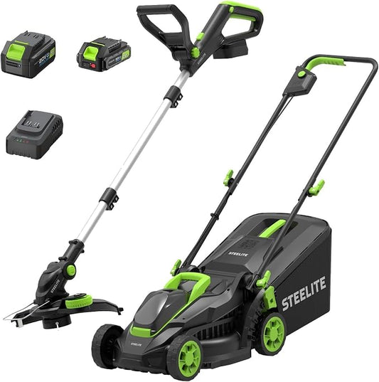 STEELITE 21V Cordless Lawn Mower and String Trimmer Combo, 13-Inch Brushless Electric Push Mower with 4.0Ah Battery, 12-Inch Grass Trimmer/Edger with 2.0Ah Battery, for Small Yards