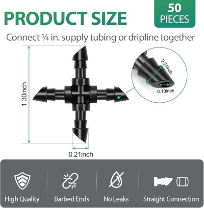 RedChili 50 Pack Drip Irrigation Universal 1/4" Barbed Cross Fitting, Drip System Parts Double Barbed Cross Tee Connectors Fits 1/4-Inch Drip Tubing Irrigation for Drip Line Connection