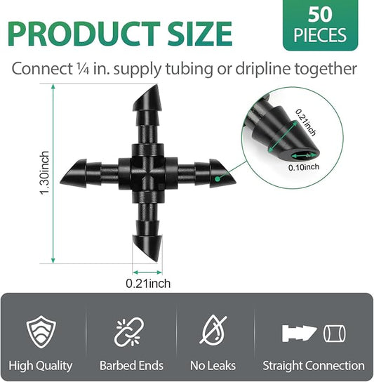 RedChili 50 Pack Drip Irrigation Universal 1/4" Barbed Cross Fitting, Drip System Parts Double Barbed Cross Tee Connectors Fits 1/4-Inch Drip Tubing Irrigation for Drip Line Connection