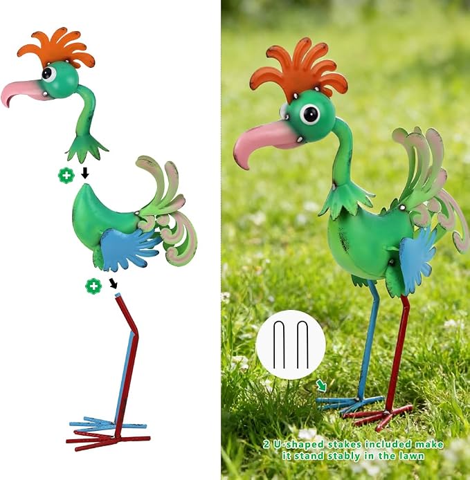 19'' Tall Metal Rooster Statue for Farmhouse, Lawn, Garden | Funny Rooster Sculpture Garden Decor, Metal Yard Art, Green