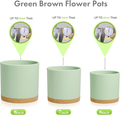 Meowell 8/7/6 inch Plant Pots, 3 Pack Cylinder Flower Pots for Outdoor Indoor Plants, Decorative Plastic Planters with Drainage Holes and Saucers for Garden House Plants, Green with Brown