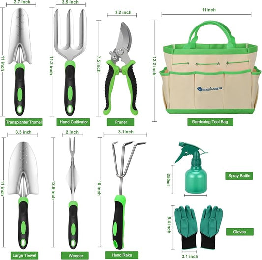 Yesker Gardening Tools 9-Piece Heavy Duty Garden Tool Set Gardening Supplies Gifts for Women Men Gardening Hand Tool Kit with Non-Slip Ergonomic Handle, Garden Bag, Durable Gloves and Shears, Green