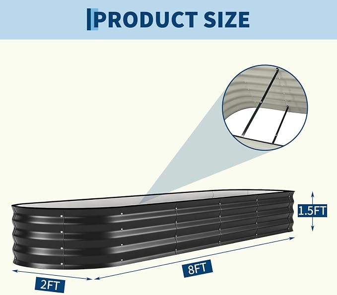 GarveeTech Oval Raised Garden Bed 8x4x1 ft - 0.6mm Thick Metal Raised Bed, Rust & Corrosion Resistant, Open Bottom for Drainage, Anti-Cut Strip Included, for Vegetables Flowers Planting, Black
