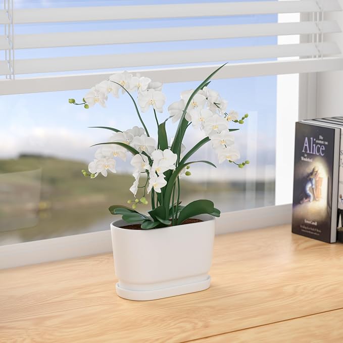 8.9" Rectangular Ceramic Planter with Drainage and Saucer, White | Indoor Outdoor Use, 8.9"L x 4.5"W x 5.3"H, Modern Home Decor, Window Box Planter, Matte White