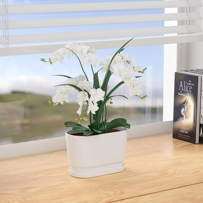 8.9" Rectangular Ceramic Planter with Drainage and Saucer, White | Indoor Outdoor Use, 8.9"L x 4.5"W x 5.3"H, Modern Home Decor, Window Box Planter, Matte White