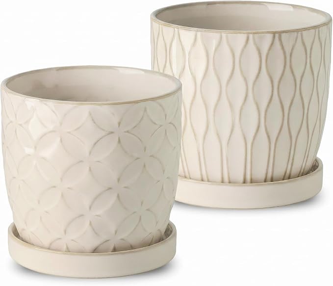 Nihow Ceramic Plant Pots with Drainage Hole & Saucer, 4.75 Inch, White-1 | Small,Embossed Design, For Succulent, Cactus, Little Snake, Indoor Plants