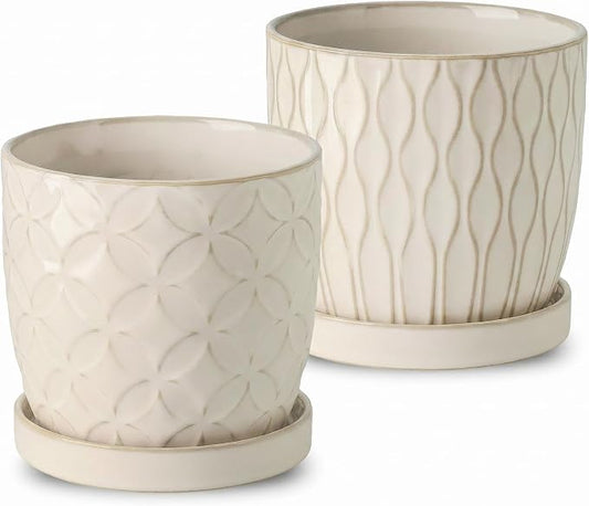 Nihow Ceramic Plant Pots with Drainage Hole & Saucer, 4.75 Inch, White-1 | Small,Embossed Design, For Succulent, Cactus, Little Snake, Indoor Plants