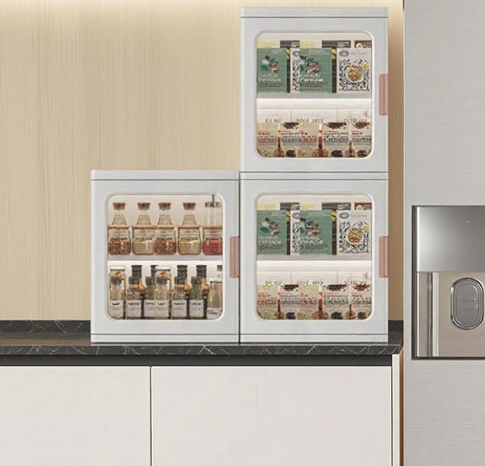 Mini Countertop Storage Cabinet,White | Clear Doors,Adjustable Shelf,Bathroom Organizers and Storage,Toilet Paper Storage,For Pantry Kitchen Living Room
