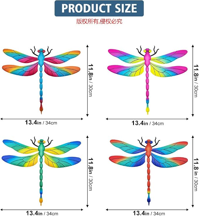 Large Metal Dragonfly Wall Decor, 4 Pack 13 inch Metal Dragonflies Wall Art Hanging Sculpture Decorations for Outdoor, Yard Patio Fence Garden Outside Decor
