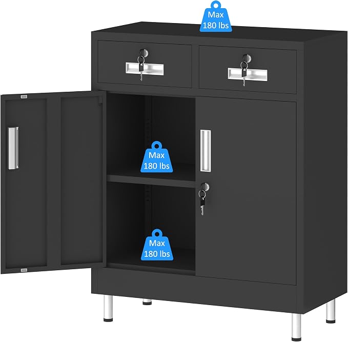 JINGUR Metal Storage Cabinet with Locking Doors and 2 Drawers, Lockable Storage Cabinet with Adjustable Shelf for Home Office Garage Entryway Pantry (Black)