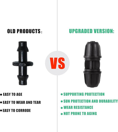 1/4 inch Drip Irrigation Fittings, Lock Barbed Coupling for ¼ in. tubing; Tubing Outside Diameter (OD) is 0.250 in., Internal Diameter (ID) is 0.170. in.(25Pcs/Pack) (Black-Coupling)