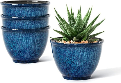 Vanslogreen 8 Inch Glazed Plastic Plant Pots, Set of 4 Planters with Drainage Holes - Indoor/Outdoor Flower Pots for Succulents, Herbs, Home Decor(Blue)