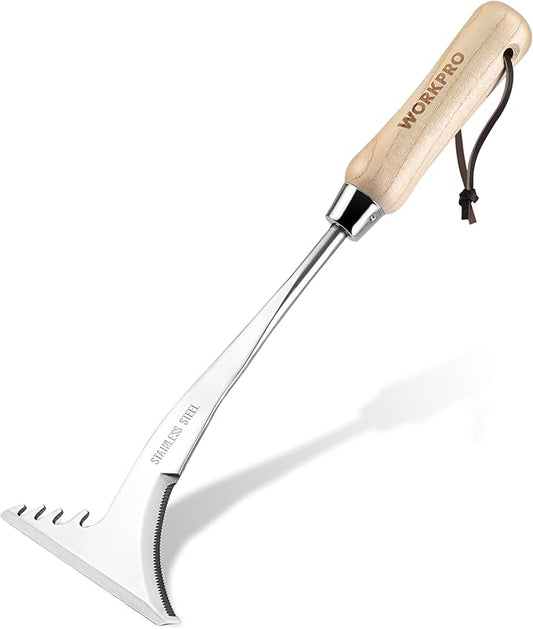 WORKPRO Crack Weeder, 13.5" Stainless Steel Weeding Tool, Wooden Handle | L-Shaped Side-Walk Weed Puller Spatula, for Garden Lawn Yard Patio Terrace Paving Garden Tool