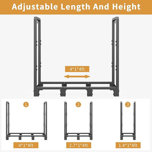 Mr IRONSTONE 4ft Firewood Rack Outdoor Indoor, Upgraded Heavy Duty Adjustable Fire Wood Rack Holds Up to 2600lbs, Fireplace Log Holder Wood Storage for Porch Patio, Easy Assembly