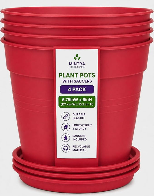 Mintra Garden Pots, 4 Pack Bulk Plastic Plant Pots with Drainage Tray, Round Indoor & Outdoor Decorative Planters with Drain Holes for Flowers, Herbs & Plants, 17cm Diameter – Coral, 6.6 in
