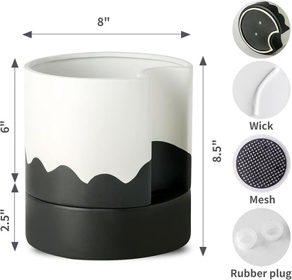 Nihow Self Watering Plant Pot, 8 Inch, White & Wave Black | Ceramic Planter, Drainage Hole & Water Storage Plus, Cylinder Round Flower Pot, Indoor & Outdoor, For Succulent/Herbs/Violets