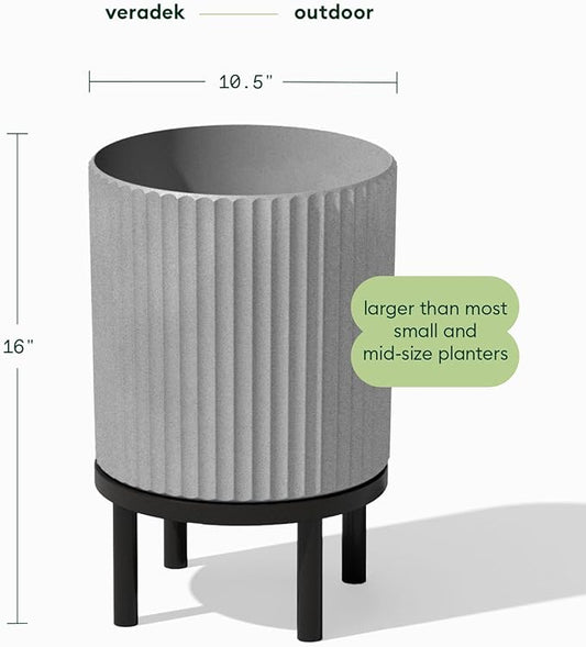 Veradek Demi Series Round Planter w/Stand for Porch/Patio | Durable Plastic-Stone Composite & Wooden Stand | Modern Décor for Tall Plants, Flowers