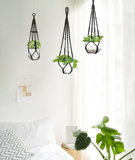 Mkono 3 Pack Macrame Plant Hangers Indoor Different Size Hanging Planter Basket Flower Pot Holder with Beads No Tassels 35"/29"/23", Medium, Black