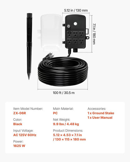 VEVOR Outdoor Power Stake Waterproof, 100 FT Extension Cord, Outdoor Power Strip, Weatherproof with Cover and Overload Protection, 6 Outlets, 13A/1625W for Halloween/Christmas Lights Decorations