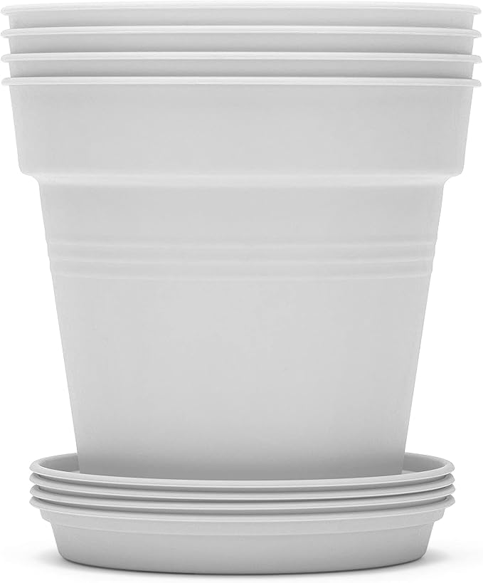 Mintra Garden Pots, 4 Pack Bulk Plastic Plant Pots with Drainage Tray, Round Indoor & Outdoor Decorative Planters with Drain Holes for Flowers, Herbs & Plants, 19cm Diameter – White, 7.5 in