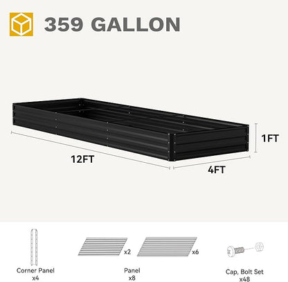 DWVO 12 x 4 x 1 FT Raised Garden Bed Kit, Outdoor Galvanized Flower Bed with Safety Rubber and Gloves, Large Metal Planter Box for Vegetables, Flowers, Herbs, Fruits, Black