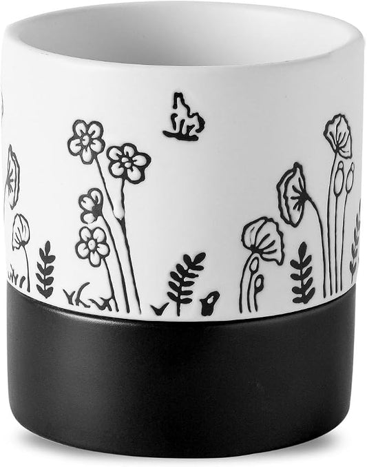 Nihow Self Watering Pots for Indoor Plants,4.5 Inch,White,Hand Painting | Ceramic Planter, Drainage Hole & Water Storage Plus, Cylinder Round Flower Pot, For Succulent/Herbs/Violets