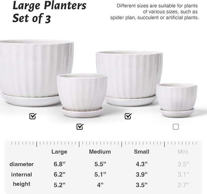 STHIE 4/5/6 Inches Ceramic Plant Pots with Drainage Holes and Saucers, Round Flower Pots for Indoor Plant, Modern Flower Planters Set of 3 (White-Big Size)