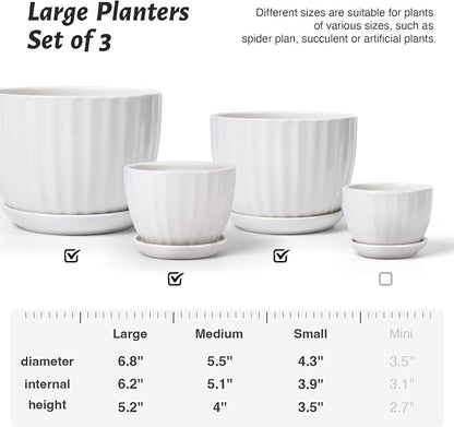 STHIE 4/5/6 Inches Ceramic Plant Pots with Drainage Holes and Saucers, Round Flower Pots for Indoor Plant, Modern Flower Planters Set of 3 (White-Big Size)